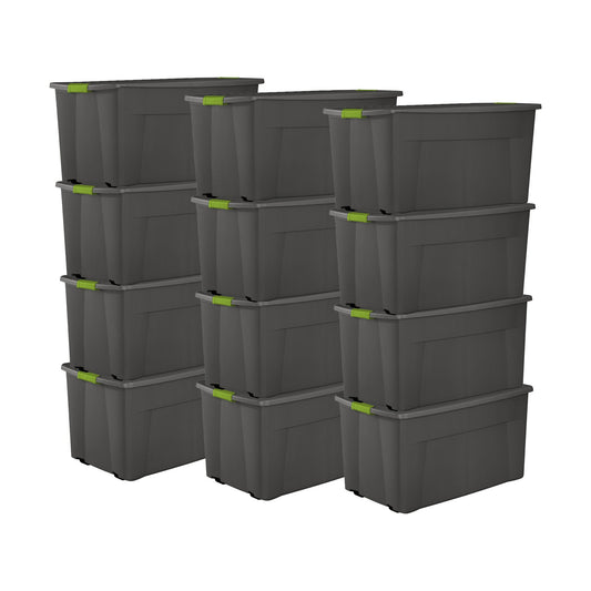 Sterilite 45 Gal Plastic Stackable Storage Tote w/ Lid & Wheels, Grey, 12 Pack