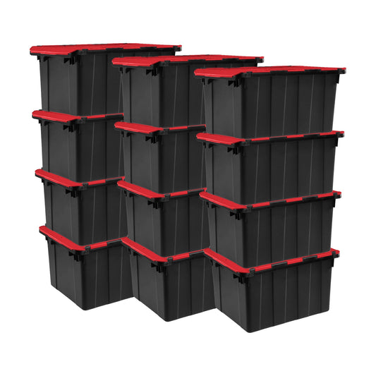 Sterilite 12 Gallon Hinged Lid Industrial Tote, Stackable Storage Bin, 12 Pack
