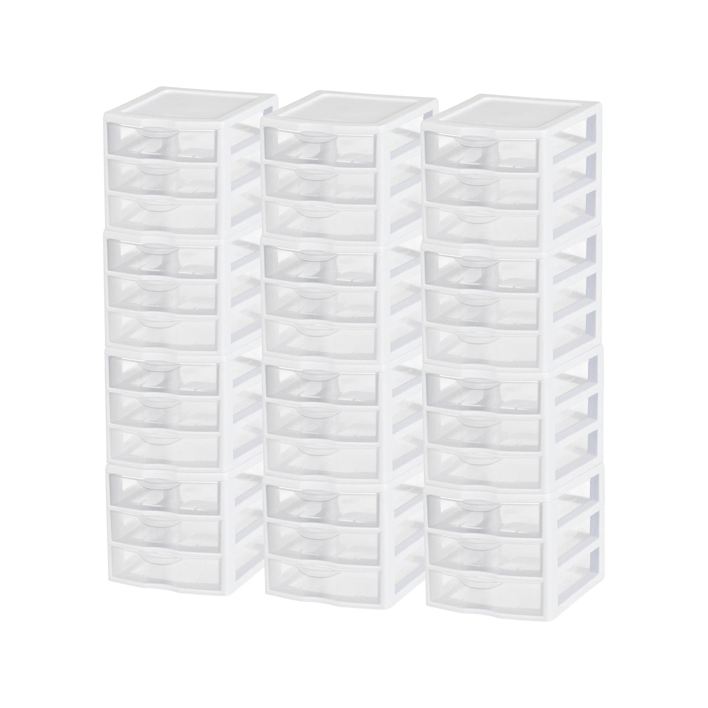 Sterilite ClearView Plastic Small 3 Drawer Desktop Storage Unit, White, 12 Pack