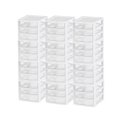 Sterilite ClearView Plastic Small 3 Drawer Desktop Storage Unit, White, 12 Pack