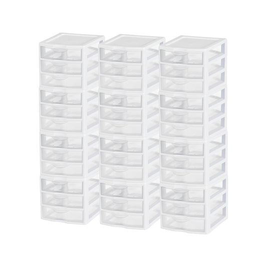 Sterilite ClearView Plastic Small 3 Drawer Desktop Storage Unit, White, 12 Pack