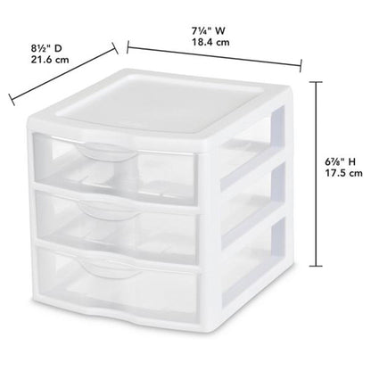Sterilite ClearView Plastic Small 3 Drawer Desktop Storage Unit, White, 18 Pack