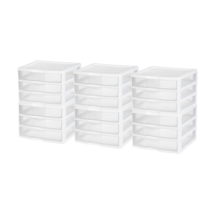 Sterilite Clear Plastic Stackable Small 3 Drawer Storage System, White, (6 Pack)
