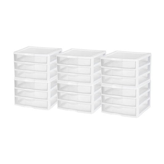 Sterilite Clear Plastic Stackable Small 3 Drawer Storage System, White, (6 Pack)