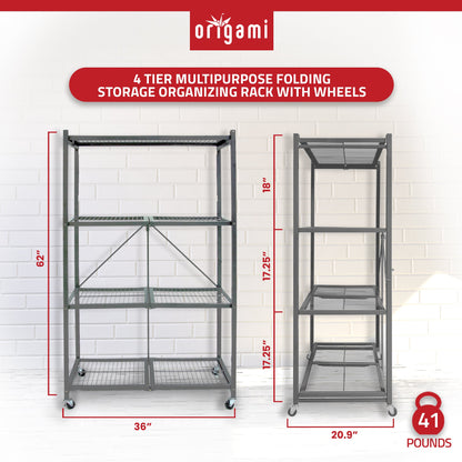 Origami 4 Tier Multipurpose Folding Storage Organizing Rack with Wheels (2 Pack)