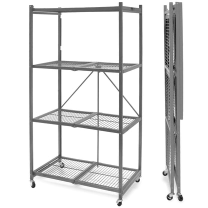Origami 4 Tier Multipurpose Folding Storage Organizing Rack with Wheels, Gray