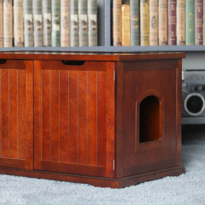 Merry Products Pet Cat Washroom Bench with Removable Partition Wall, Walnut