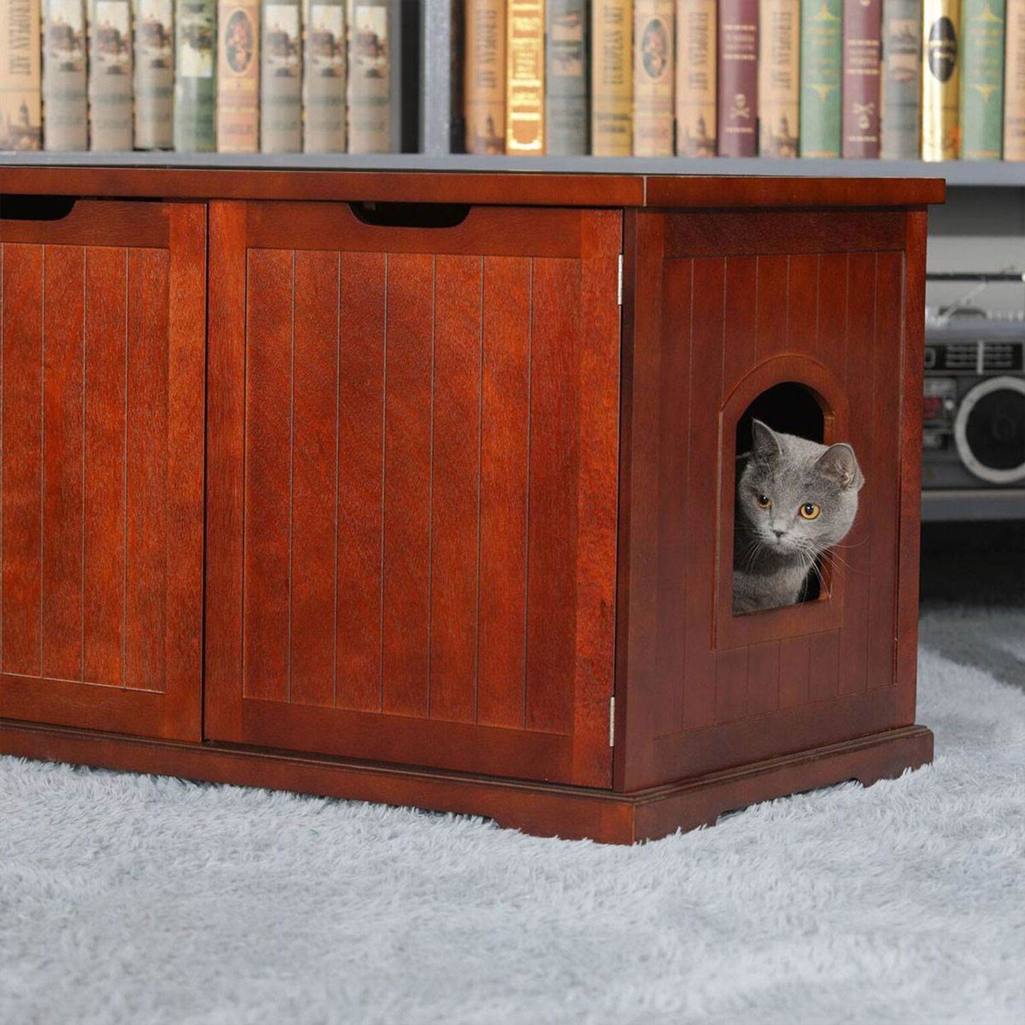 Merry Products Pet Cat Washroom Bench with Removable Partition Wall, Walnut