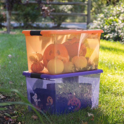 Sterilite 64 Quart Latching Plastic Storage Container, Purple & Orange (12 Pack)