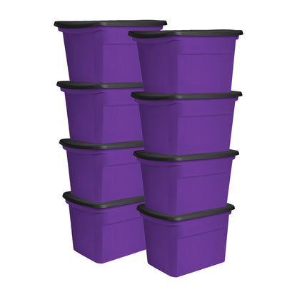 Sterilite 18 Gallon Storage Tote Stackable Plastic Bin with Lid, Purple, 8 Pack
