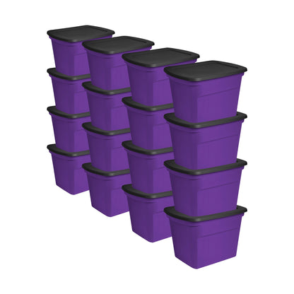 Sterilite 18 Gallon Storage Tote Stackable Plastic Bin with Lid, Purple, 16 Pack