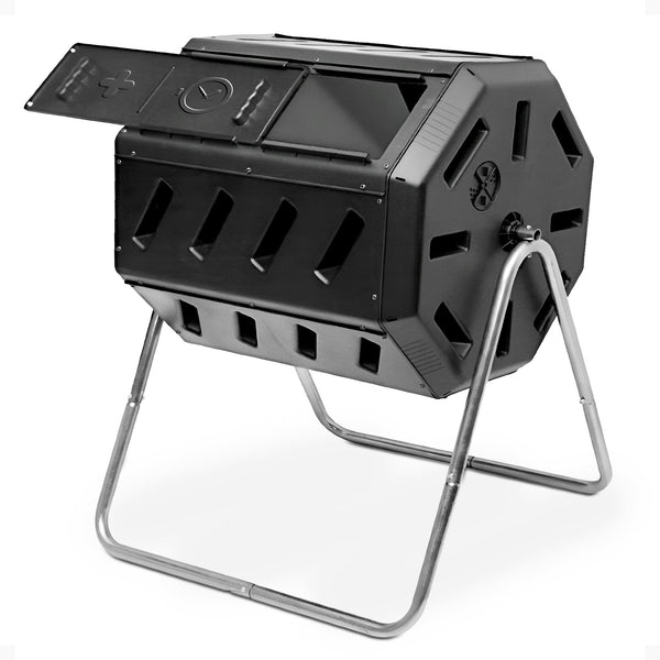 FCMP Outdoor 37 Gallon Elevated Dual Chamber Tumbling Garden Composter Bin,Black
