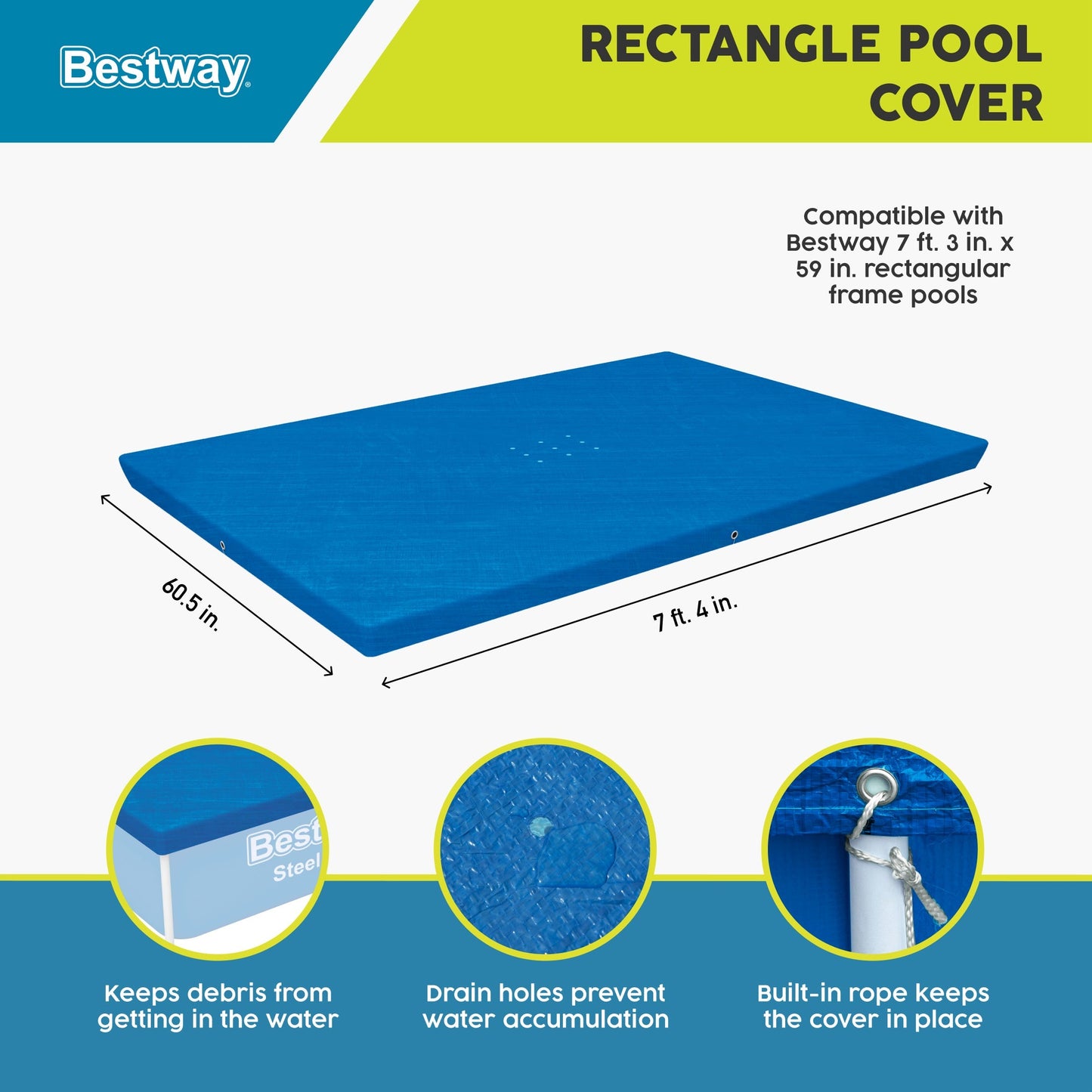 Bestway Flowclear Rectangle 7'4" x 60" Above Ground Swim Pool Cover (Cover Only)