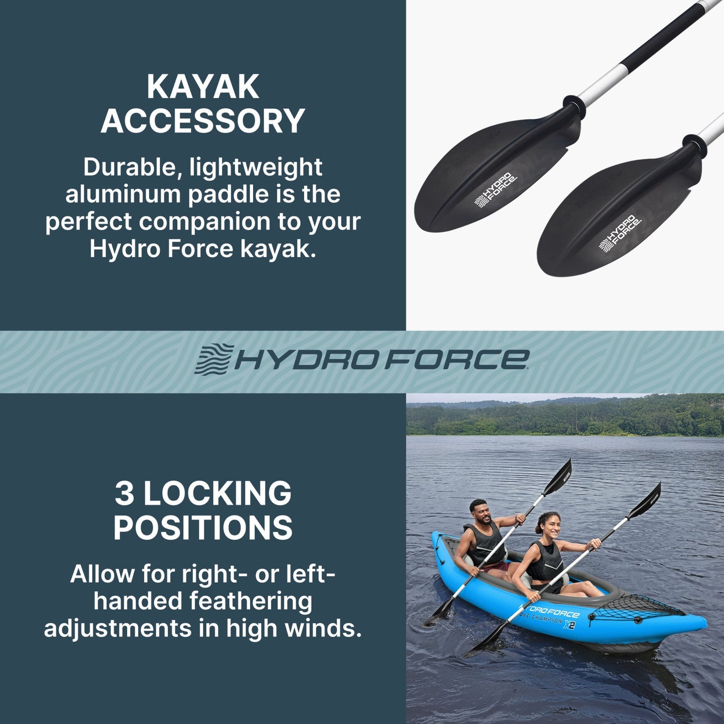 Bestway Hydro Force 91” Adjustable Aluminum Locking Kayak Paddle and Grip, Black
