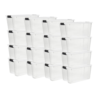 Sterilite 70 Qt Clear Plastic Stackable Storage Bin w/ White Latch Lid, 16 Pack