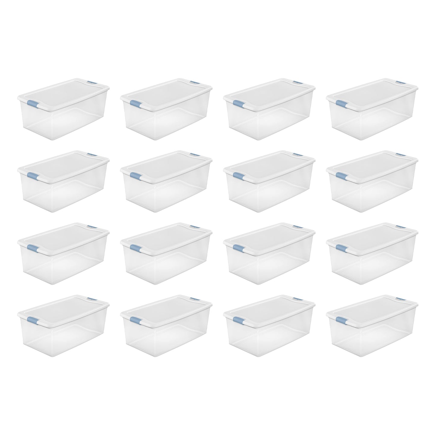 Sterilite 106 Qt Clear Plastic Stackable Storage Bin w/ White Latch Lid, 16 Pack
