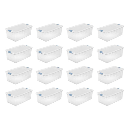 Sterilite 106 Qt Clear Plastic Stackable Storage Bin w/ White Latch Lid, 16 Pack