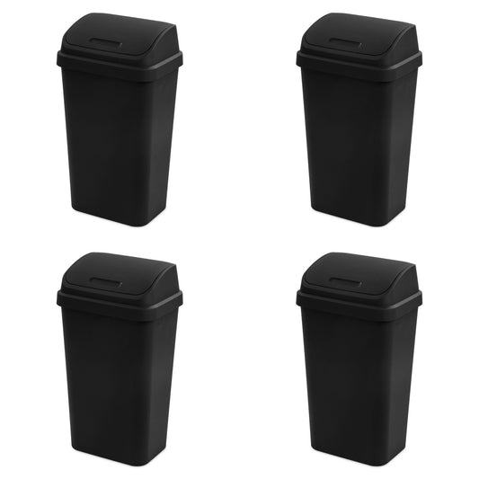 Sterilite 13 Gallon Swing Top Lidded Wastebasket Kitchen Trash Can, Black 4 Pack