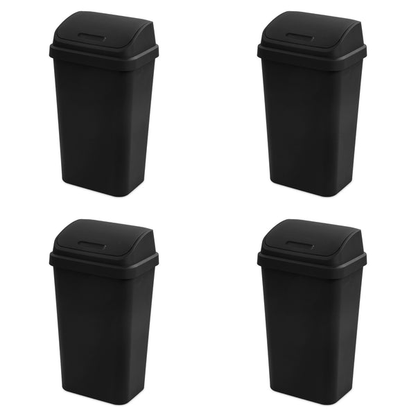 Sterilite 13 Gallon Swing Top Lidded Wastebasket Kitchen Trash Can, Black 4 Pack