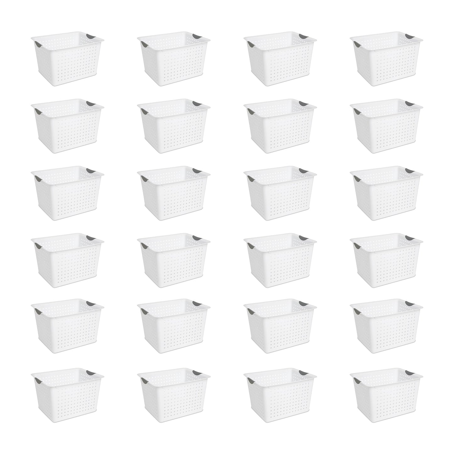 Sterilite Deep Ultra Plastic Storage Bin Baskets with Handles, White, 24 Pack