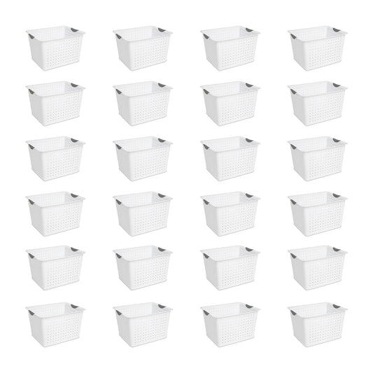 Sterilite Deep Ultra Plastic Storage Bin Baskets with Handles, White, 24 Pack