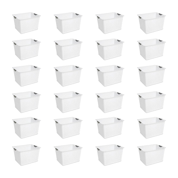 Sterilite Deep Ultra Plastic Storage Bin Baskets with Handles, White, 24 Pack