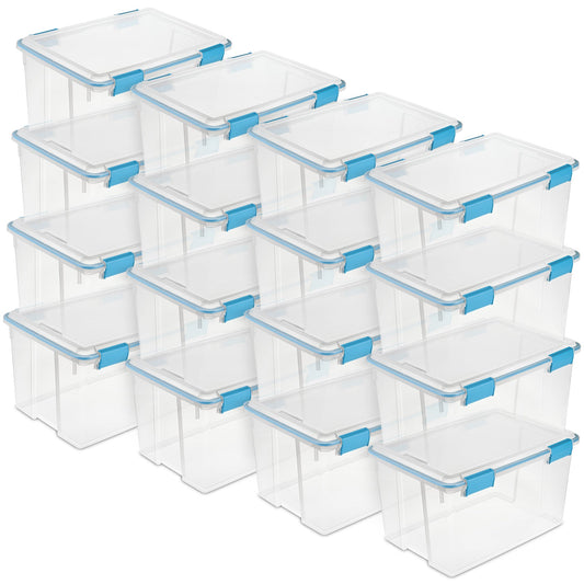 Sterilite 54-Qt Clear Plastic Stackable Storage Bin w/ Gasket Latch Lid, 16 Pack