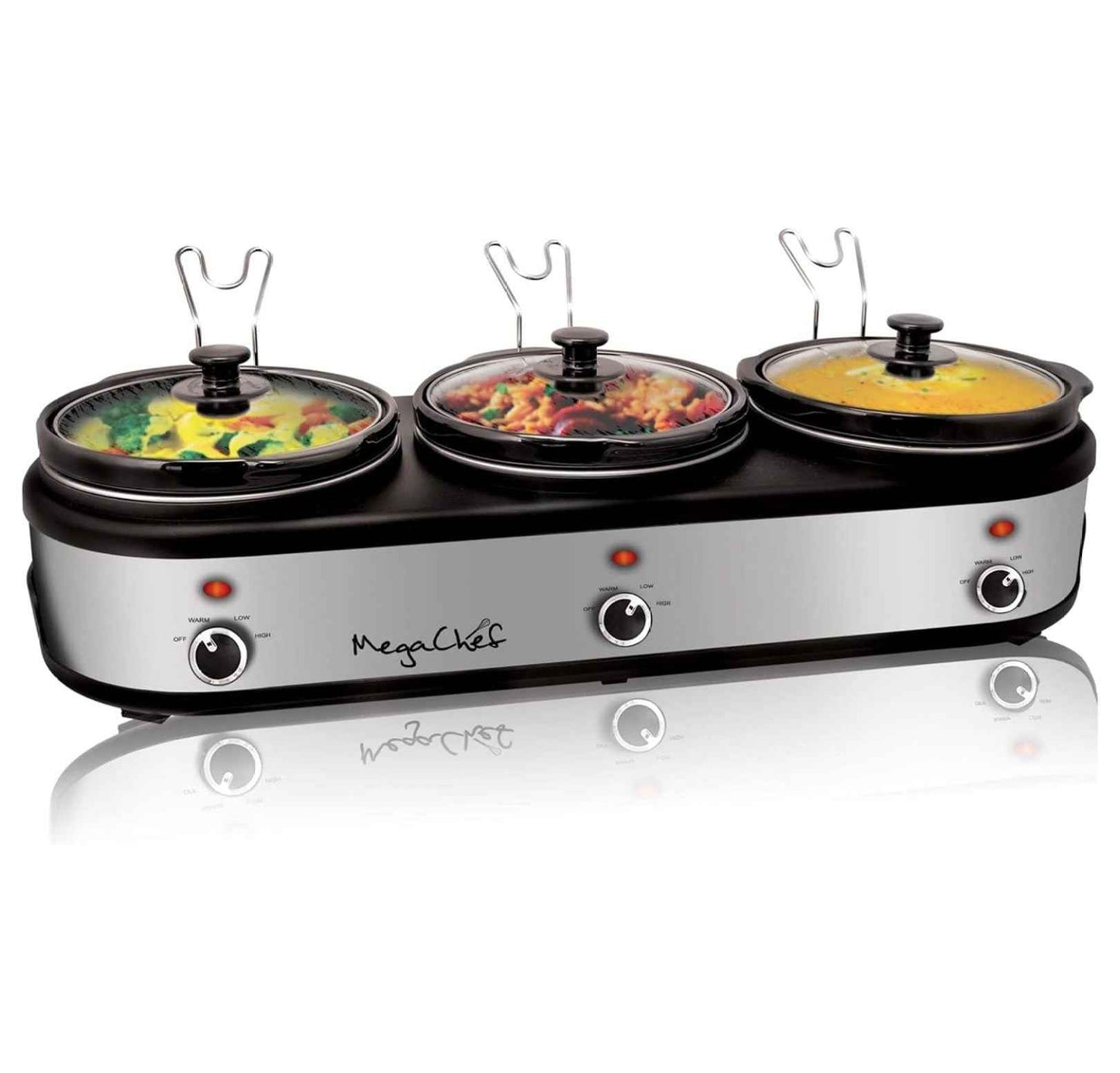 Warmer 2.5 Quart Slow Cooker and Buffet Server in Brushed Silver and Black Finish with 3 Ceramic Cooking Pots and Removable Lid Rests 2.5 Quarts