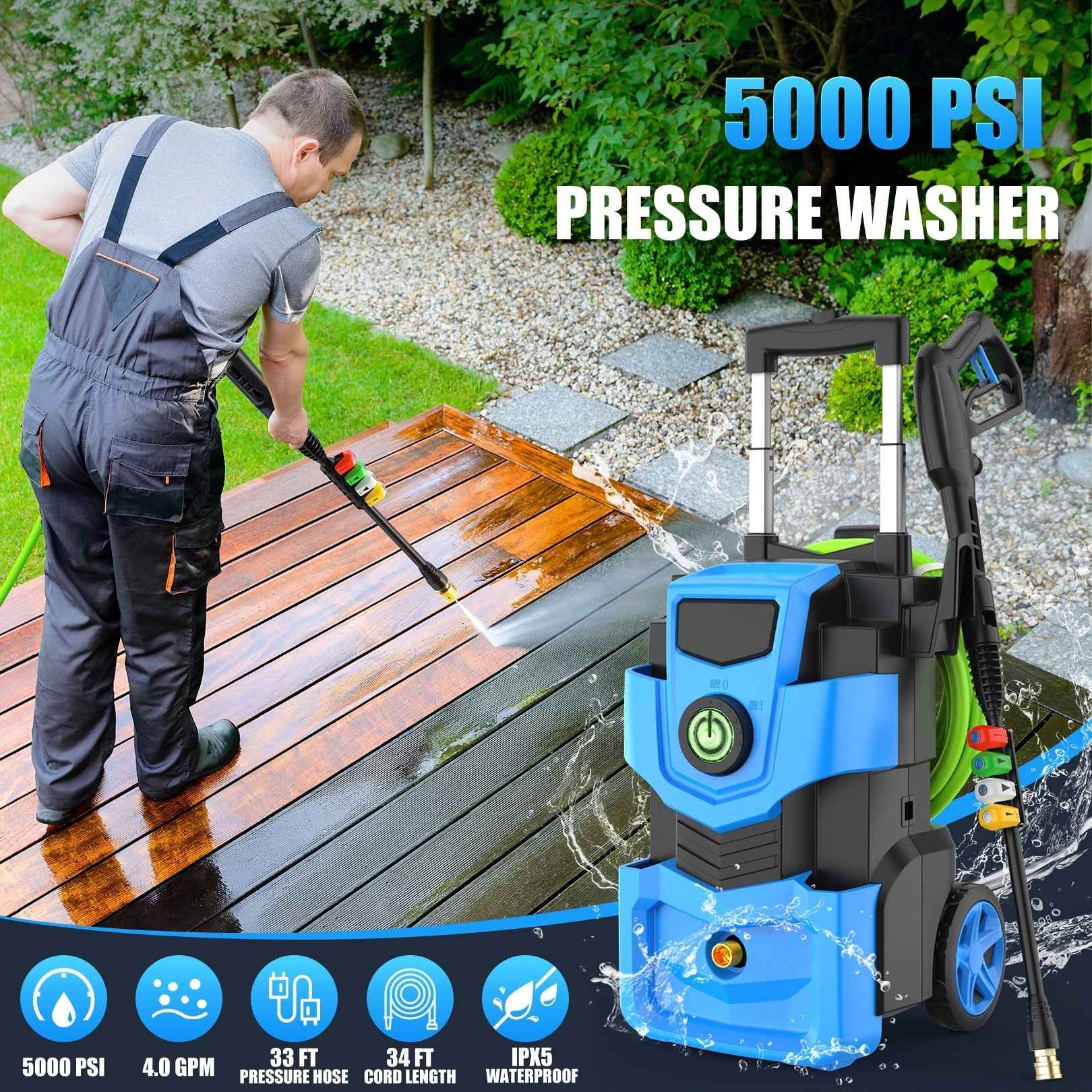 Electric Pressure Washer 5000PSI 4.0GPM Adjustable Pressure Power Washers Electric Powered with 33ft Hose, 4 Nozzle and Foam Cannon, Powerwashers Cleaner Machine for Home, Cars, Blue