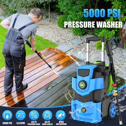 Electric Pressure Washer 5000PSI 4.0GPM Adjustable Pressure Power Washers Electric Powered with 33ft Hose, 4 Nozzle and Foam Cannon, Powerwashers Cleaner Machine for Home, Cars, Blue