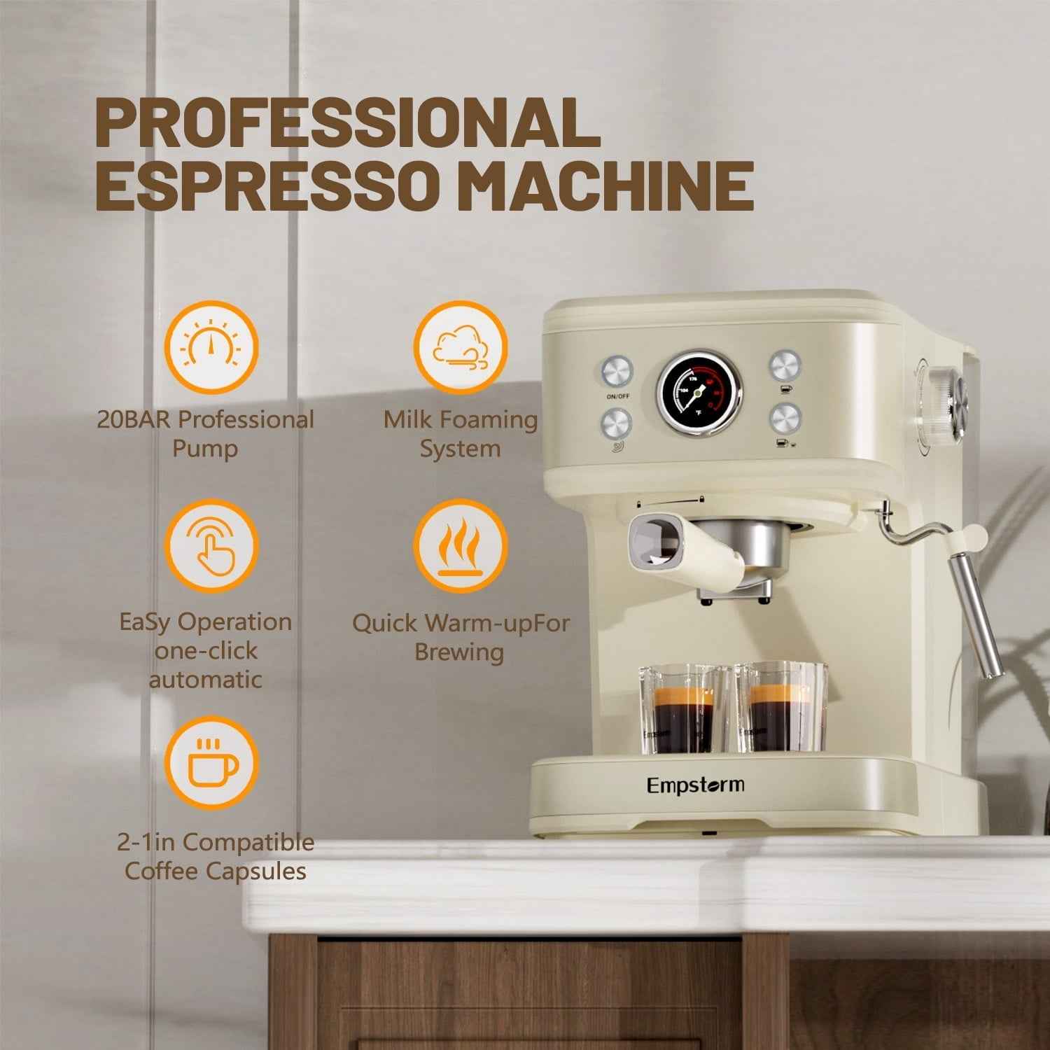 Empstorm 20 Bar Espresso Machine with Milk Frother Steam Wand, 3-in-1 Coffee Maker, Compatible with NS Pods, Stainless Steel, for Latte & Cappuccino, Beige
