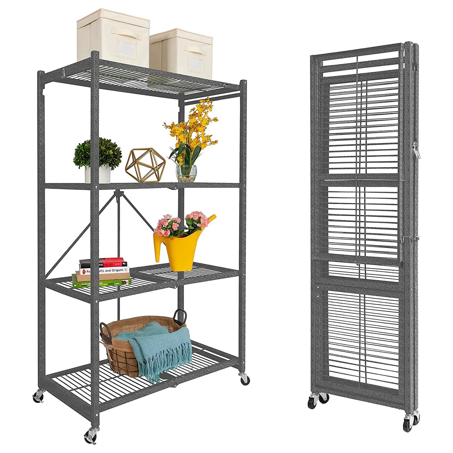 Origami 4 Tier Multipurpose Folding Storage Organizing Rack with Wheels (2 Pack)