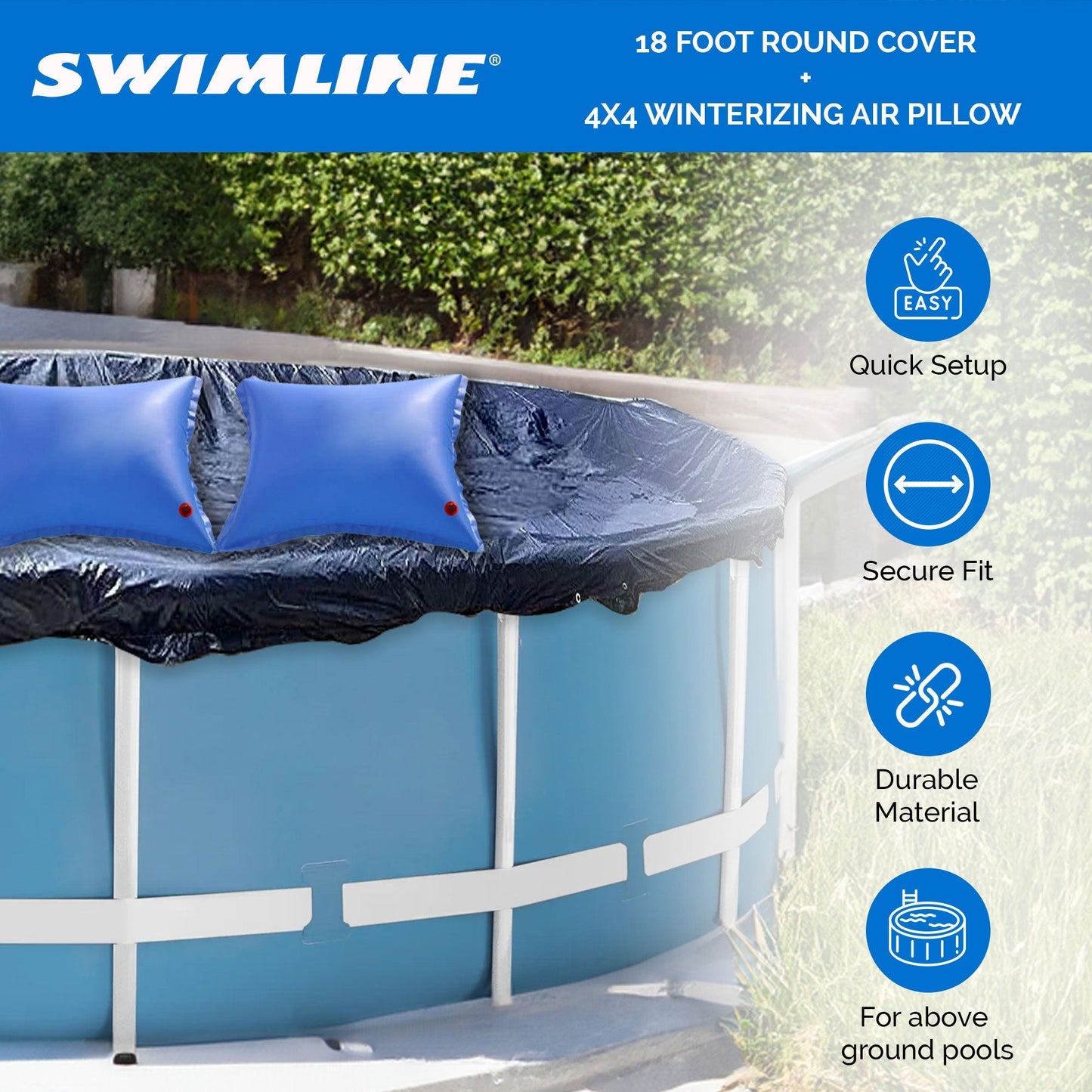Swimline 18 Foot Round Pool Cover + 4x4 Winterizing Closing Air Pillow (2 Pack)