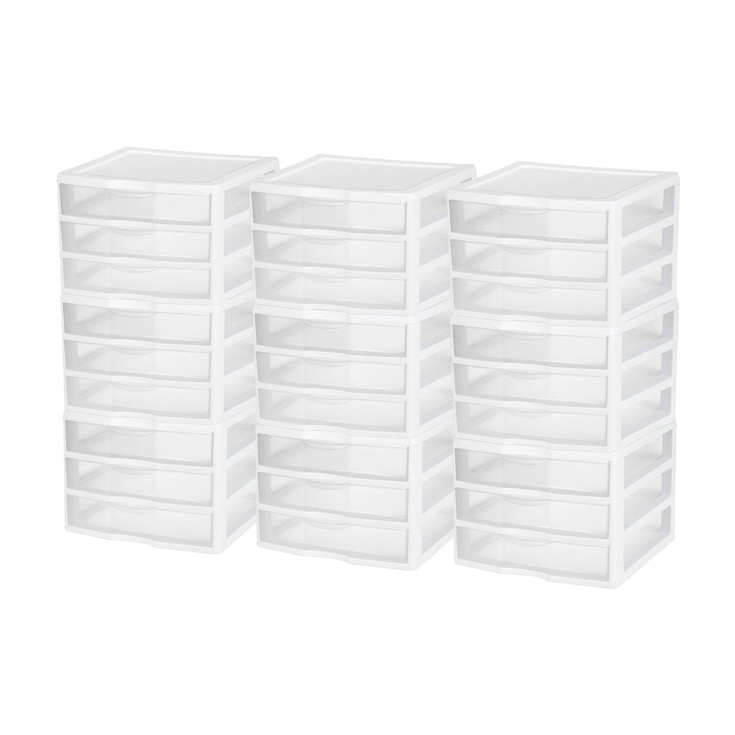 Sterilite Clear Plastic Stackable Small 3 Drawer Storage System, White, (9 Pack)