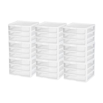 Sterilite Clear Plastic Stackable Small 3 Drawer Storage System, White, (9 Pack)