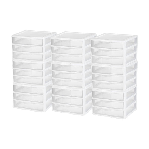 Sterilite Clear Plastic Stackable Small 3 Drawer Storage System, White, (9 Pack)