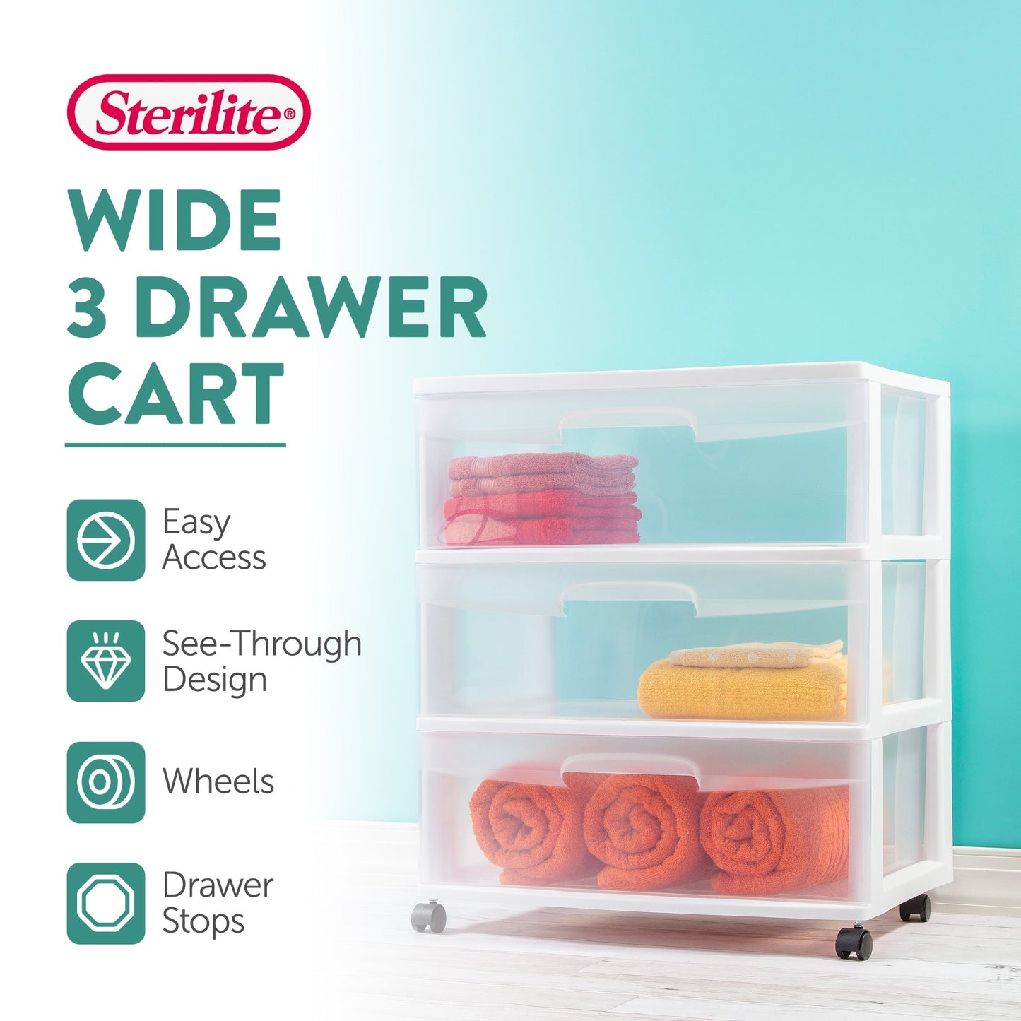 Sterilite At Home 3 Drawer Wide Storage Cart Container with Casters (3 Pack)