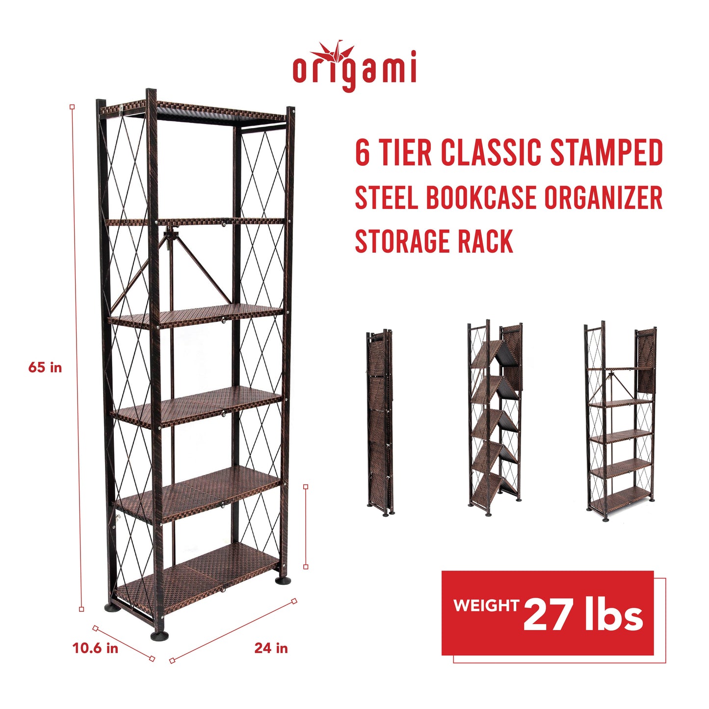 Origami 6 Tier Classic Stamped Steel Bookcase Organizer Storage Rack, Bronze