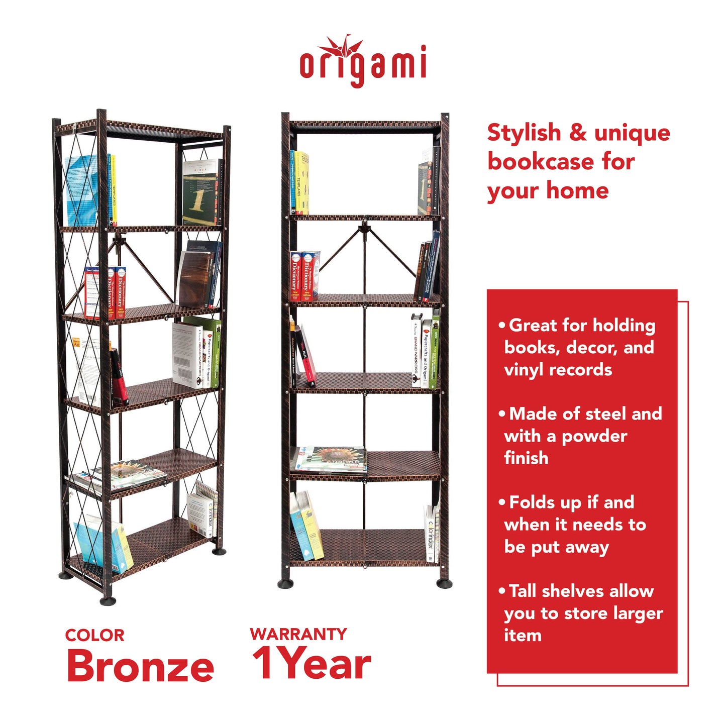 Origami 6 Tier Classic Stamped Steel Bookcase Organizer Storage Rack, Bronze