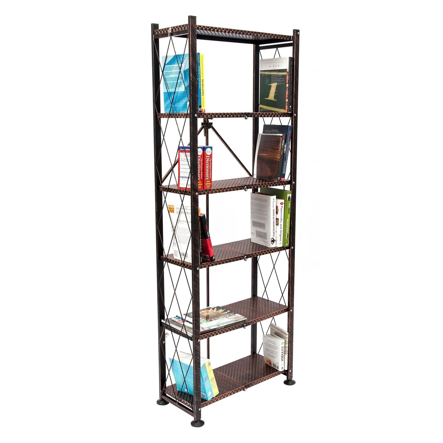 Origami 6 Tier Classic Stamped Steel Bookcase Organizer Storage Rack, Bronze