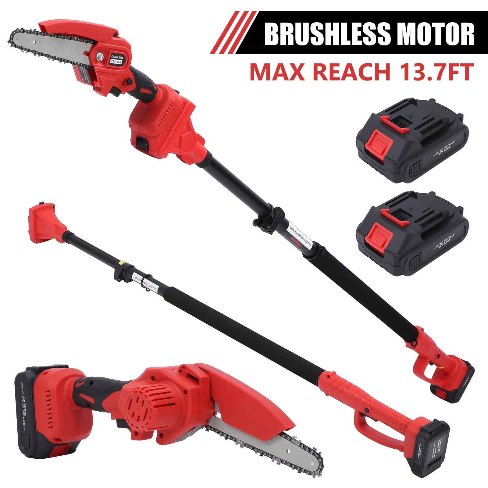 2-in-1 Brushless Cordless Pole Saw,6in + 8in Mini Chainsaw & Pole Saw with 2pcs 2.0A Batteries, 13.6ft Max Reach Brach Tree Saw Telescoping Extension Rod for Wood Tree Trimming Wood Cutting，Red