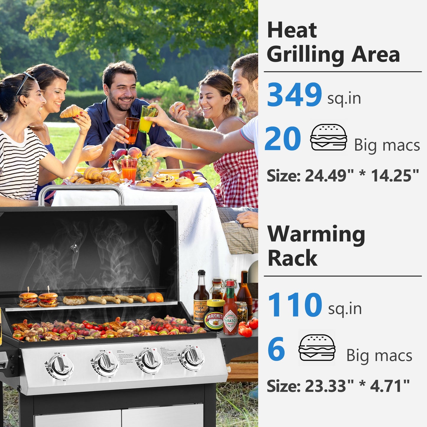 SEGMART 4 Burner BBQ Propane Gas Grill, Stainless Steel 40,000 BTU Patio Garden Barbecue Grill with Folding Side Tables, Cleaning Brush & Thermometer, Perfect for Camping, Outdoor Cooking