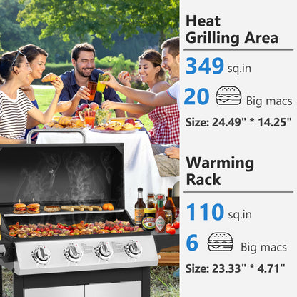 SEGMART 4 Burner BBQ Propane Gas Grill, Stainless Steel 40,000 BTU Patio Garden Barbecue Grill with Folding Side Tables, Cleaning Brush & Thermometer, Perfect for Camping, Outdoor Cooking