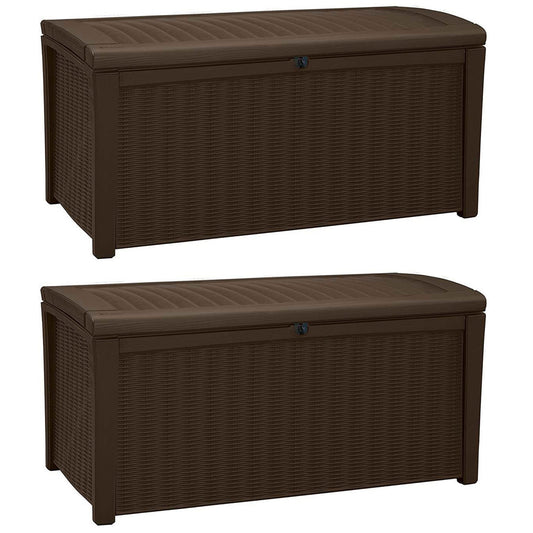 Keter Borneo 110 Gallon Rattan Resin Patio Storage Deck Box and Bench (2 Pack)