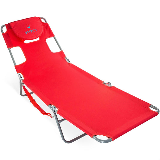 Ostrich Chaise Lounge, Portable Facedown Beach Camping Pool Tanning Chair, Red