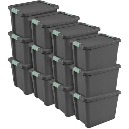 Sterilite 12Pk Latch Tote, Stackable Plastic Storage Container, 12Gal,Gray/Green