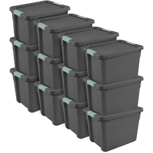 Sterilite 12Pk Latch Tote, Stackable Plastic Storage Container, 12Gal,Gray/Green