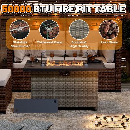 44 Inch Outdoor Wicker Fire Pit Table, 50000 BTU Propane Fire Pits with Glass Wind Guard and Lid, Patio Gas Fire Pit for Outside Patio and Garden(Grey)