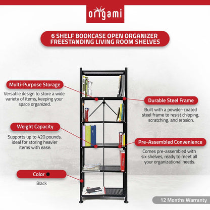 Origami 3 Pack 6 Shelf Bookcase Open Organizer Freestanding Rack Shelves, Black