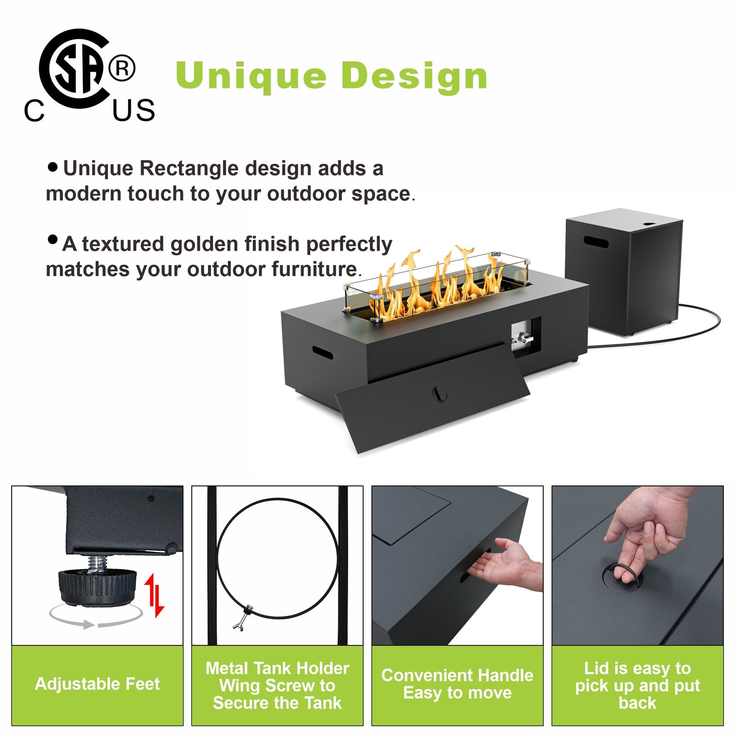 Evita 42" Propane Fire Pit Table for Outdoor 50,000 BTU Gas Fire Pits with Lid ,Glass stone,Tank Cover